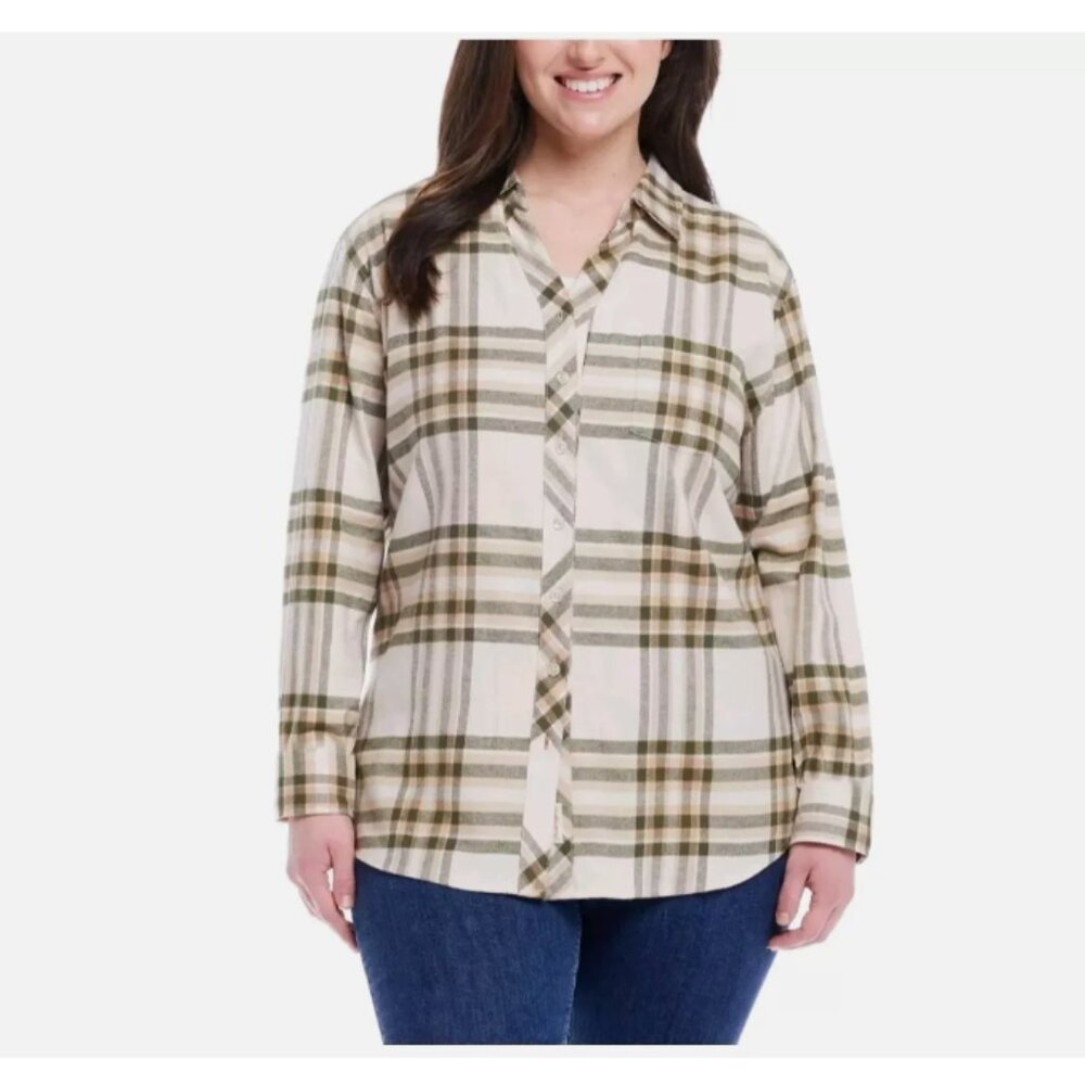 Weatherproof Women's Brushed Flannel Shirt Green Tan Plaid Long Sleeve Vneck
